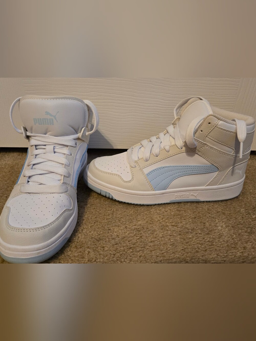 PUMA High-Top Sneakers in White and Light Blue